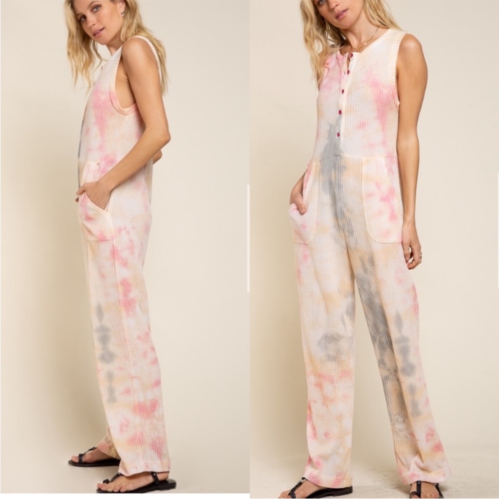 Pol Sleeveless Tie-Dye Waffle Jumpsuit In Pink, Cream And Gray